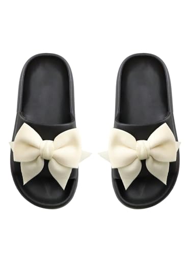 GORGLITTER Damen Slides Dicker Boden Offene Zehe Badesandalen mit Schleifendekor Modisch Hausesandalen Flache Sandalen Strand Outfit Schwarz und Weiß CN42/43 von GORGLITTER