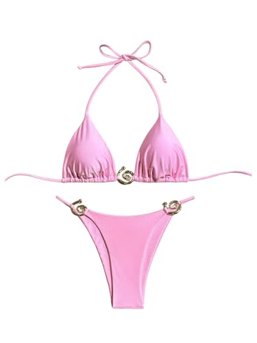 GORGLITTER Damen Sommer Bikini Sets Zweiteiliger Träger Badeanzug Bademode Tangas Swimmsuit Set Strand Outfit mit Ring Rosa S GORGLITTER Damen Sommer Bikini Sets Zweiteiliger Träger Badeanzug Bademode Tangas Swimmsuit Set Strand Outfit mit Ring Rosa S von GORGLITTER