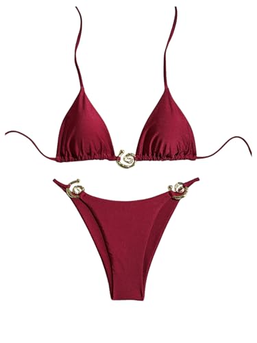 GORGLITTER Damen Sommer Bikini Sets Zweiteiliger Träger Badeanzug Bademode Tangas Swimmsuit Set Strand Outfit mit Ring Rot XS von GORGLITTER