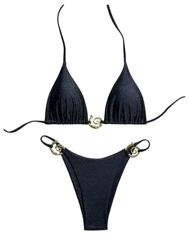 GORGLITTER Damen Sommer Bikini Sets Zweiteiliger Träger Badeanzug Bademode Tangas Swimmsuit Set Strand Outfit mit Ring Schwarz L von GORGLITTER