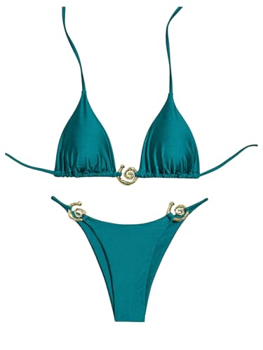 GORGLITTER Damen Sommer Bikini Sets Zweiteiliger Träger Badeanzug Bademode Tangas Swimmsuit Set Strand Outfit mit Ring Taubenblau M von GORGLITTER