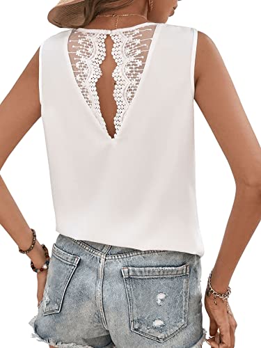 GORGLITTER Damen Sommer Bluse Ärmellose Blusentops Elegant Weiß Bluse Mit Spitze Blusen Rückenfrei Top Weiß M von GORGLITTER