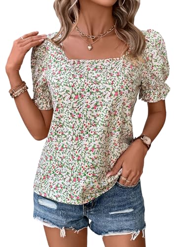 GORGLITTER Damen Sommer Blusen Elegant T-Shirts Mit Blumenmuster Oberteile Mit Quadratischem Ausschnitt Sommertop mit Puffärmel Lässige Tunika Top Aprikosenfarben XXL von GORGLITTER