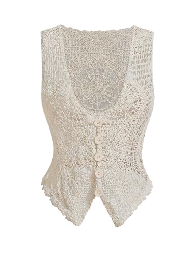 GORGLITTER Damen Sommer Häkelweste Elegant Strickjacke Mit Knöpfe Vorn Boho Tops Mit V-Ausschnitt Kurze Cardigan Ärmellos Strickweste Häkeltop Aprikosenfarben M von GORGLITTER