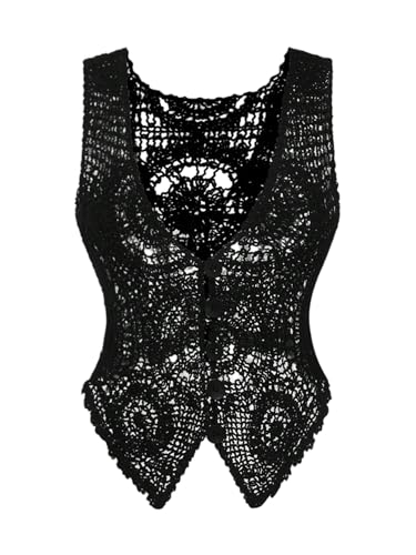 GORGLITTER Damen Sommer Häkelweste Elegant Strickjacke Mit Knöpfe Vorn Boho Tops Mit V-Ausschnitt Kurze Cardigan Ärmellos Strickweste Häkeltop Schwarz S GORGLITTER Damen Sommer Häkelweste Elegant Strickjacke Mit Knöpfe Vorn Boho Tops Mit V-Ausschnitt Kurze Cardigan Ärmellos Strickweste Häkeltop Schwarz S von GORGLITTER