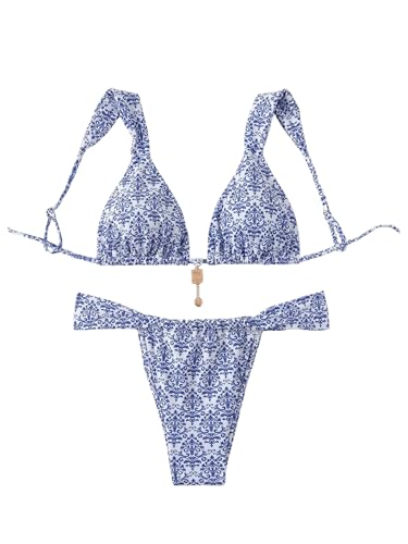 GORGLITTER Damen Sommer Strand Bikini Set Zweiteilliger Badeanzug mit Blumenmuster Strandmode 2 Pieces Swimmsuit Boho Strandmode Blau und Weiß XS von GORGLITTER