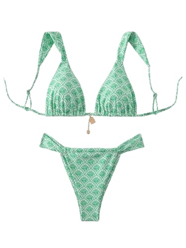 GORGLITTER Damen Sommer Strand Bikini Set Zweiteilliger Badeanzug mit Blumenmuster Strandmode 2 Pieces Swimmsuit Boho Strandmode Grün M von GORGLITTER