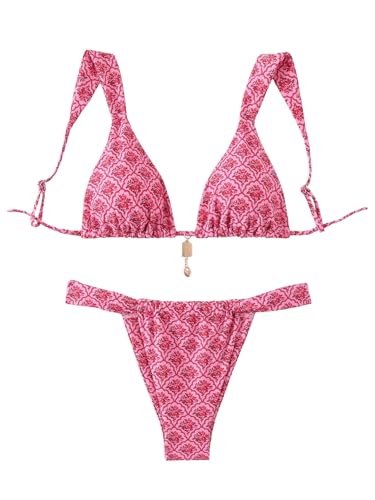 GORGLITTER Damen Sommer Strand Bikini Set Zweiteilliger Badeanzug mit Blumenmuster Strandmode 2 Pieces Swimmsuit Boho Strandmode Rosa L von GORGLITTER