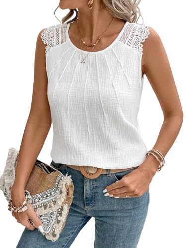 GORGLITTER Damen Sommer T-Shirt Elegant Ärmellose Bluse Sommer Oberteile Rundhals Tank Top Häkelshirt Strand Blusen Casual Tunika Shirts Weiß L von GORGLITTER