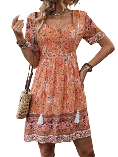 GORGLITTER Damen Sommerkleid A-Linien Kurze Kleider Geblümt Blumenkleid Casual Boho-Kleid mit Rüschensaum Ausgestellt Strandkleid Orange M GORGLITTER Damen Sommerkleid A-Linien Kurze Kleider Geblümt Blumenkleid Casual Boho-Kleid mit Rüschensaum Ausgestellt Strandkleid Orange M von GORGLITTER