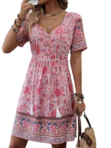 GORGLITTER Damen Sommerkleid A-Linien Kurze Kleider Geblümt Blumenkleid Casual Boho-Kleid mit Rüschensaum Ausgestellt Strandkleid Rosa M GORGLITTER Damen Sommerkleid A-Linien Kurze Kleider Geblümt Blumenkleid Casual Boho-Kleid mit Rüschensaum Ausgestellt Strandkleid Rosa M von GORGLITTER