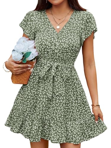 GORGLITTER Damen Sommerkleid A-Linien Kurze Kleider Geblümt Blumenkleid Casual Boho-Kleid mit Rüschensaum Strandkleid mit Gürtel Grün S von GORGLITTER