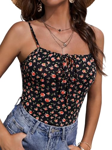 GORGLITTER Damen Spaghetti Cami Tank Top Trägertop Mit Blumen Ärmellose Spaghettiträger Sommertop Rückenfreies Crop Tops Camisole Outfit Schwarz L von GORGLITTER