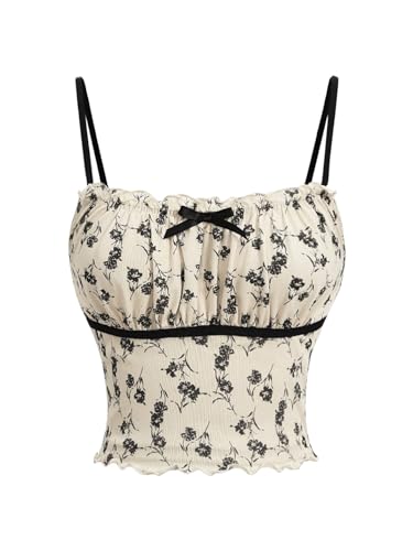 GORGLITTER Damen Spaghetti Top Ärmellose Oberteile mit Schleifendekor Boho Geblümt Sommertop Rüschenbüste Cami Tops Spaghettiträger Freizeittop Schwarz und Weiß S von GORGLITTER