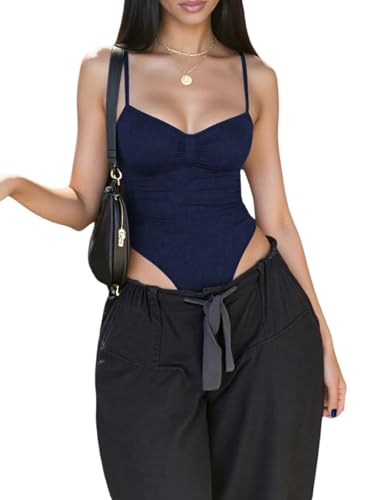 GORGLITTER Damen Spaghettiträger Bodysuits Elegant Ärmellos Bodies Cami Bodys mit Verstellbarer Schultergurt Rückenfreie Body Dunkelblau XS von GORGLITTER