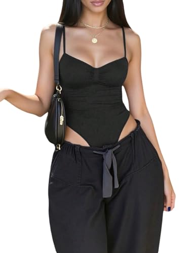 GORGLITTER Damen Spaghettiträger Bodysuits Elegant Ärmellos Bodies Cami Bodys mit Verstellbarer Schultergurt Rückenfreie Body Schwarz L von GORGLITTER