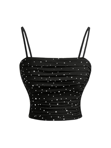 GORGLITTER Damen Spaghettiträger Cami Top Bauchfrei Crop Top Träger Sommertop Glitzer Partytop Festival Outfit Ärmellos Clubwear Schwarz S von GORGLITTER