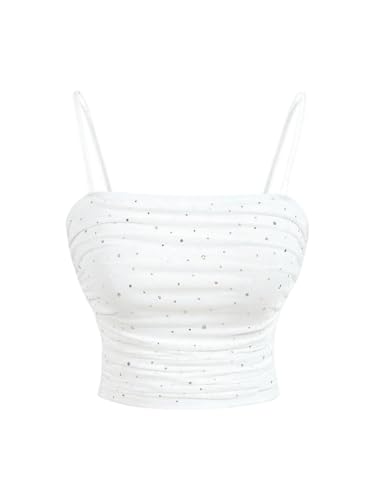 GORGLITTER Damen Spaghettiträger Cami Top Bauchfrei Crop Top Träger Sommertop Glitzer Partytop Festival Outfit Ärmellos Clubwear Weiß S von GORGLITTER