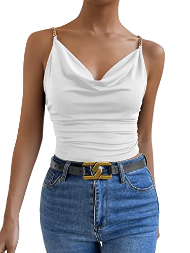 GORGLITTER Damen Spaghettiträger Crop Tops Camisole Wasserfallausschnitt Bauchfrei Oberteile Cami Top mit Ketten Weiß XS von GORGLITTER