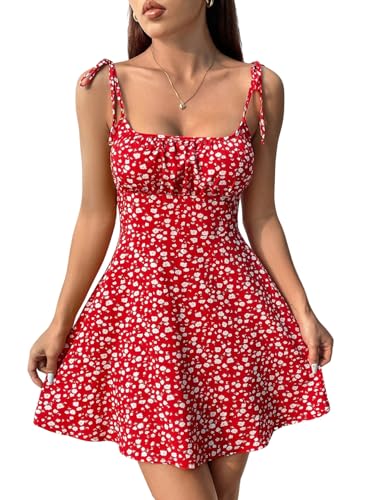 GORGLITTER Damen Spaghettiträger Kleid Blumenmuster Minikleid Kurze Kleider Boho Rückenfreies Sommerkleid Ärmelloses Strandkleid Rot S von GORGLITTER