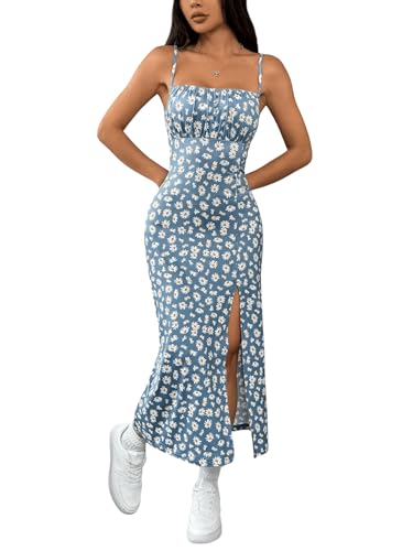 GORGLITTER Damen Spaghettiträger Kleid Geblümt Sommerkleider Ärmellos Midikleid mit Schlitz Boho Trägerkleid Cami Strickkleid Freizeitkleider Blau L von GORGLITTER
