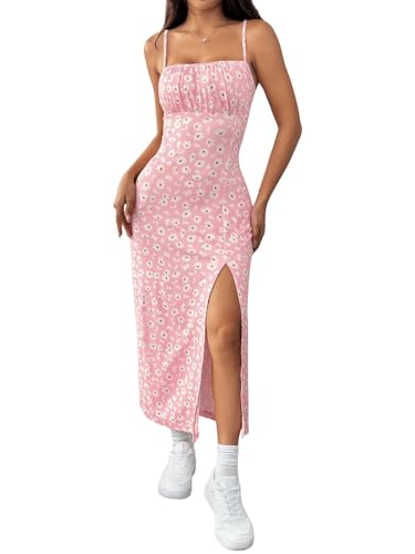 GORGLITTER Damen Spaghettiträger Kleid Geblümt Sommerkleider Ärmellos Midikleid mit Schlitz Boho Trägerkleid Cami Strickkleid Freizeitkleider Hellrosa M von GORGLITTER