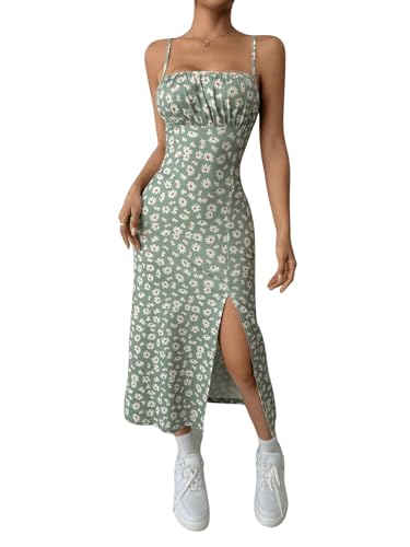 GORGLITTER Damen Spaghettiträger Kleid Geblümt Sommerkleider Ärmellos Midikleid mit Schlitz Boho Trägerkleid Cami Strickkleid Freizeitkleider Olivgrün XS von GORGLITTER