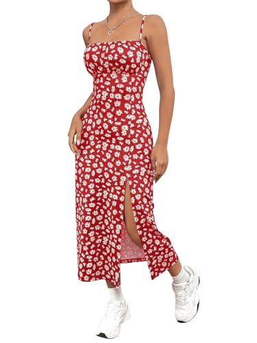 GORGLITTER Damen Spaghettiträger Kleid Geblümt Sommerkleider Ärmellos Midikleid mit Schlitz Boho Trägerkleid Cami Strickkleid Freizeitkleider Rot M von GORGLITTER