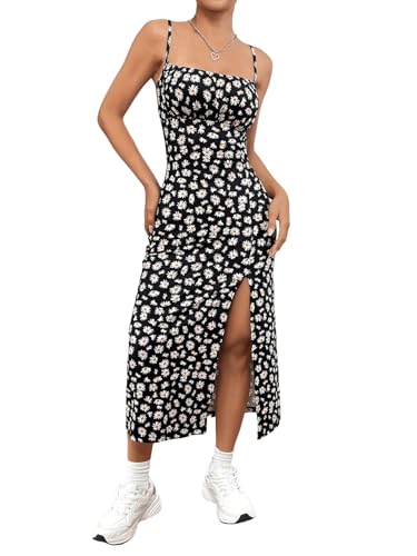 GORGLITTER Damen Spaghettiträger Kleid Geblümt Sommerkleider Ärmellos Midikleid mit Schlitz Boho Trägerkleid Cami Strickkleid Freizeitkleider Schwarz XS von GORGLITTER