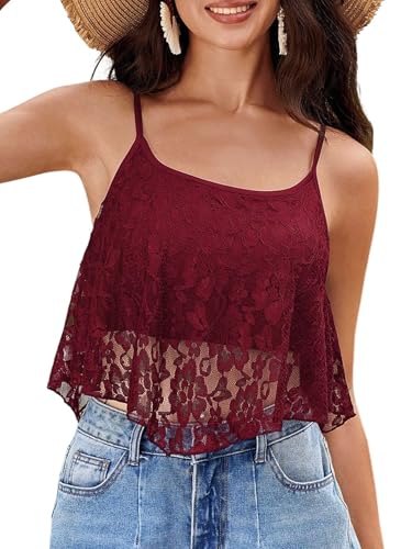 GORGLITTER Damen Spaghettiträger Spitzetop mit Asymmetrisch Camitop Y2K Sommer Trägertop Bauchfreies Sommertop Ärmelloses Micro Freizeittop Bordeaux S von GORGLITTER