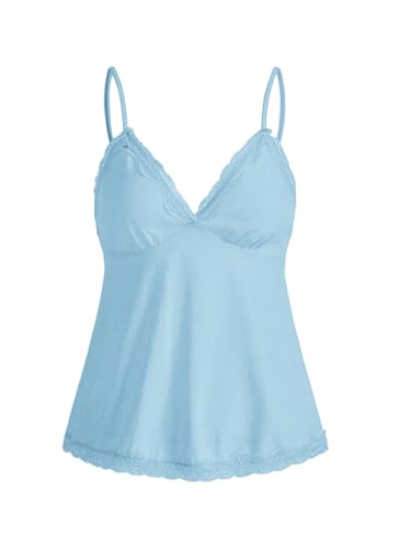 GORGLITTER Damen Spaghettiträger Top Cami Tops V-Ausschnitt Oberteil Stretch Trägershirts mit Kontrast Spitzen Blau XS von GORGLITTER