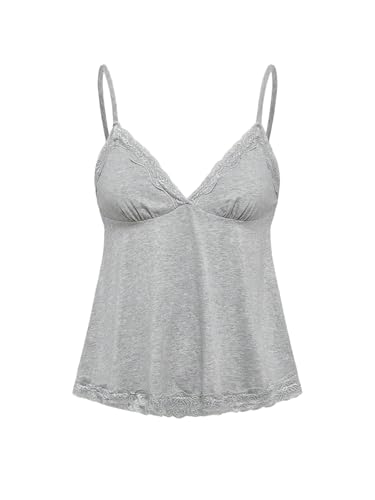 GORGLITTER Damen Spaghettiträger Top Cami Tops V-Ausschnitt Oberteil Stretch Trägershirts mit Kontrast Spitzen Hellgrau XL von GORGLITTER