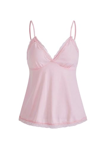 GORGLITTER Damen Spaghettiträger Top Cami Tops V-Ausschnitt Oberteil Stretch Trägershirts mit Kontrast Spitzen Rosa M von GORGLITTER