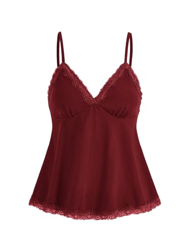 GORGLITTER Damen Spaghettiträger Top Cami Tops V-Ausschnitt Oberteil Stretch Trägershirts mit Kontrast Spitzen Rot M von GORGLITTER