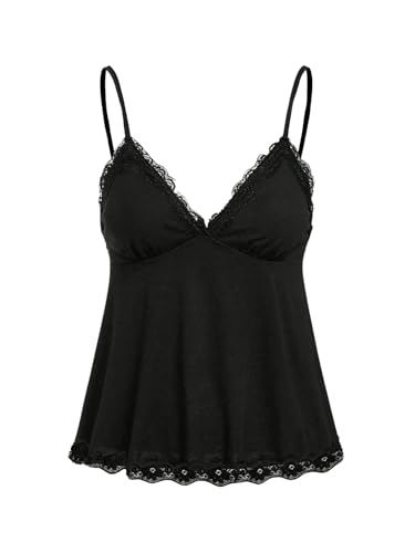 GORGLITTER Damen Spaghettiträger Top Cami Tops V-Ausschnitt Oberteil Stretch Trägershirts mit Kontrast Spitzen Schwarz S GORGLITTER Damen Spaghettiträger Top Cami Tops V-Ausschnitt Oberteil Stretch Trägershirts mit Kontrast Spitzen Schwarz S von GORGLITTER