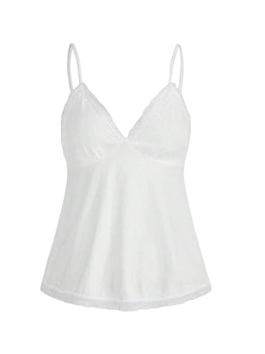 GORGLITTER Damen Spaghettiträger Top Cami Tops V-Ausschnitt Oberteil Stretch Trägershirts mit Kontrast Spitzen Weiß L von GORGLITTER