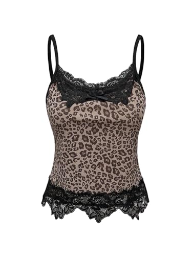 GORGLITTER Damen Spaghettiträger Top Spitze Partytop Leopardenmuster Trägertop Ärmelloses Sommertop Camisole Oberteile Elegant Spitzentop Leo XS von GORGLITTER