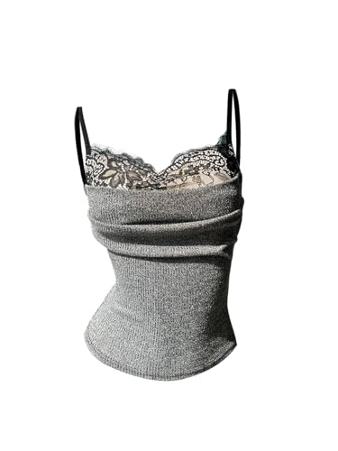 GORGLITTER Damen Spaghettiträger Tops mit Spitzen Elegant Y2k Camisole Spitzetop Crop Top Bauchfrei Oberteil Party Untertop Trägertop Grau M von GORGLITTER