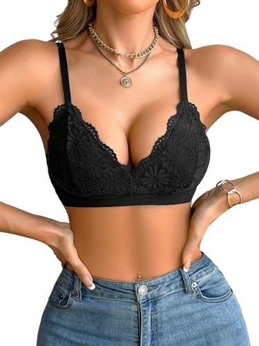 GORGLITTER Damen Spitze BH Elegant Push Up Bra ohne Bügel Soft Bügelloser BHS Bequem Gepolstert Bralette Unterwäsch mit Spaghetti Schwarz L von GORGLITTER