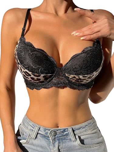 GORGLITTER Damen Spitze BH Push Up Gepolsterter Bügel-BH mit Leopardenmuster Klassische BHS Bralette mit Spitze Unterwäsche Leopardenparden 70B von GORGLITTER
