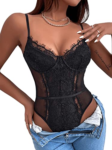 GORGLITTER Damen Spitze Bodysuit Transparenter Netz Spaghettiträger Body V-Ausschnitt Bodys mit Wimpernspitze Schwarz M von GORGLITTER