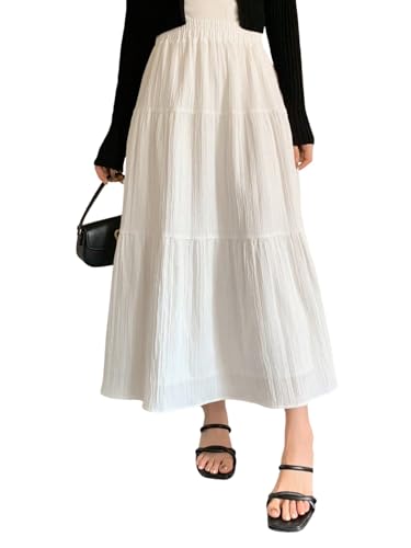 GORGLITTER Damen Spitze Maxirock Elegant A-Linie Spitzen Röcke High Waist Rock Elastische Taille Langrock Plisseerock mit Spitze Sommerrock Beige S von GORGLITTER