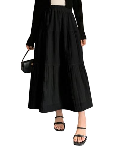 GORGLITTER Damen Spitze Maxirock Elegant A-Linie Spitzen Röcke High Waist Rock Elastische Taille Langrock Plisseerock mit Spitze Sommerrock Schwarz M von GORGLITTER