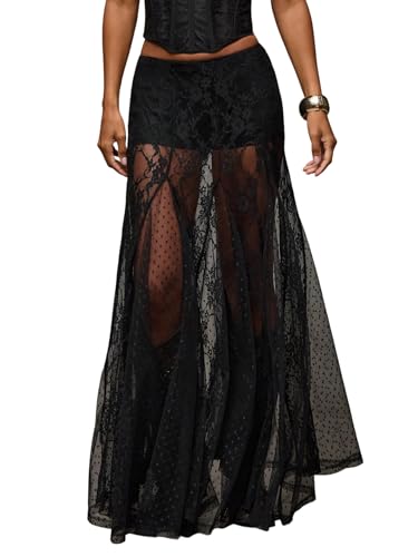 GORGLITTER Damen Spitze Maxirock Sommer A-Linie Lange Röcke Partyrock Durchsichtige Röcke Transparenter Rock Festivals Spitzenrock Schwarz M von GORGLITTER
