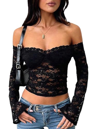 GORGLITTER Damen Spitze Oberteil Elegant Schulterfreies Top Bauchfrei Mesh Tops Transparent Langarmshirt Slim Fit Party Oberteile Spitzenshirt Schwarz L von GORGLITTER