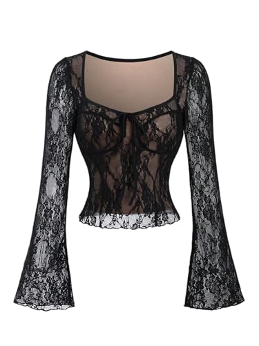 GORGLITTER Damen Spitze Oberteil Elegant Top Langarm Y2K Spitzenbluse Langarmshirt Party Outfit Shirt mit Herzausschnitt Herbst Casualshirt Schwarz XS von GORGLITTER