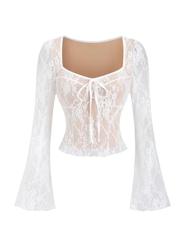 GORGLITTER Damen Spitze Oberteil Elegant Top Langarm Y2K Spitzenbluse Langarmshirt Party Outfit Shirt mit Herzausschnitt Herbst Casualshirt Weiß L von GORGLITTER