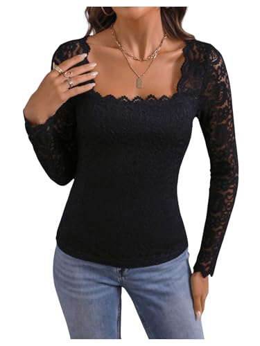 GORGLITTER Damen Spitzen Bluse Elegant Oberteil Langarm Trachten Spitzenshirt Vintage Spitzenbluse Eng Langarmshirt Party Tunika Casualshirt Schwarz L von GORGLITTER