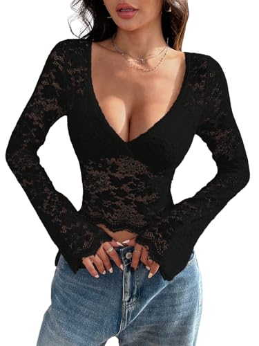 GORGLITTER Damen Spitzen Bluse Langarm Durchsichtig Crop Top V Ausschnitt Oberteile Elegant Spitzentop Blusenshirt Langarmshirt Partytop Schwarz S GORGLITTER Damen Spitzen Bluse Langarm Durchsichtig Crop Top V Ausschnitt Oberteile Elegant Spitzentop Blusenshirt Langarmshirt Partytop Schwarz S von GORGLITTER