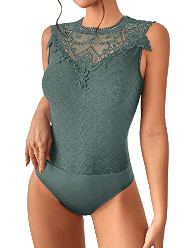 GORGLITTER Damen Spitzen Body Elegant Bodysuit Sommer Bodys Ohne Ärmel Oberteil Tankbody mit Stickereien Armeegrün M von GORGLITTER